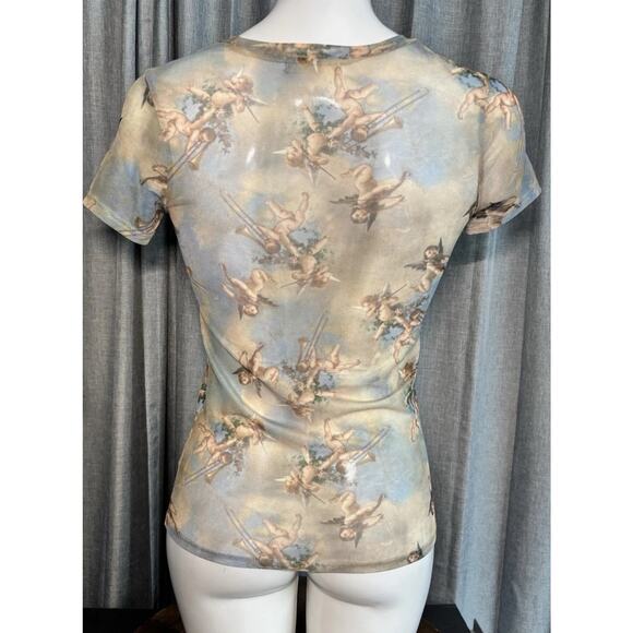Sweet Lilac Sheer Mesh Baby Angel Cherub Print Short Sleeve Top Size S Y2K - Picture 2 of 14